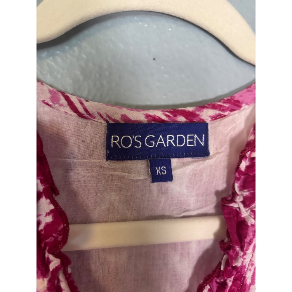 Ros's Garden Pink Ikat Cotton Ruffle Maxi Dress Sleeveless V-Neck XS Boho Tiered - Picture 3 of 9